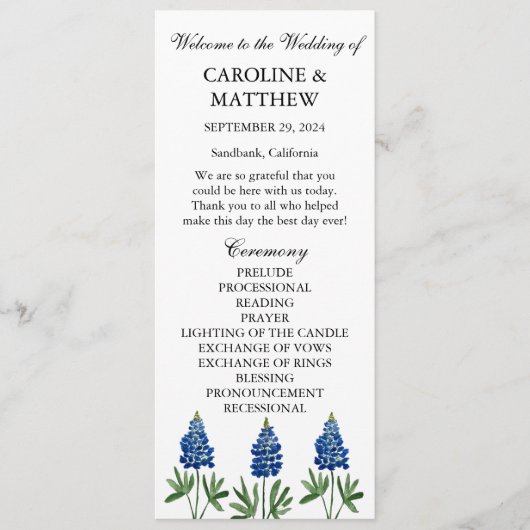 Blauwe Bloemen Elegante Moderne Bruiloft Programmakaart (Voorkant)