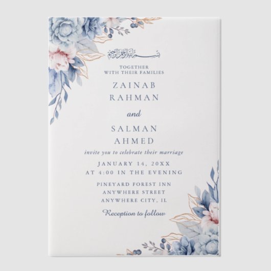Blauwe Bloemen Elegante Nikkah Arabisch Islamitisc Vellum Uitnodigingen (Voorkant)