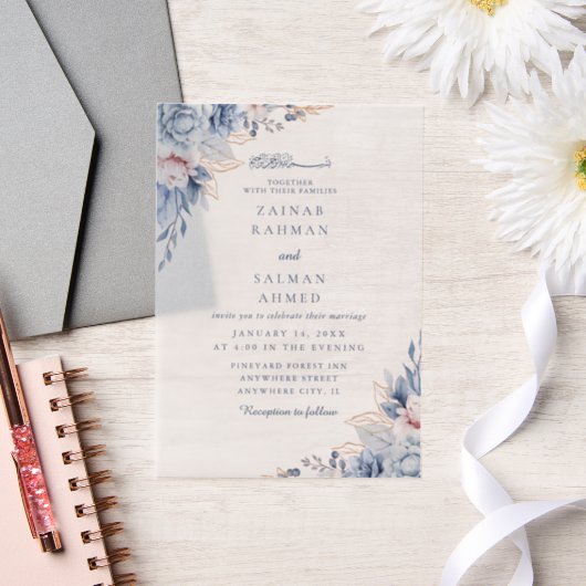 Blauwe Bloemen Elegante Nikkah Arabisch Islamitisc Vellum Uitnodigingen (Huwelijk)