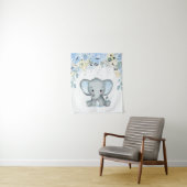 Blauwe bloemen Elephant Nursery Baby Boy Tapestry Wandkleed (In situ)