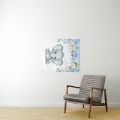 Blauwe bloemen Elephant Nursery Baby Boy Tapestry Wandkleed (In Situ (horizontaal))