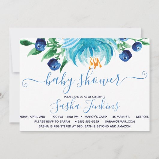 Blauwe Bloemen en Blauwe Bessen Baby Shower Kaart (Voorkant)