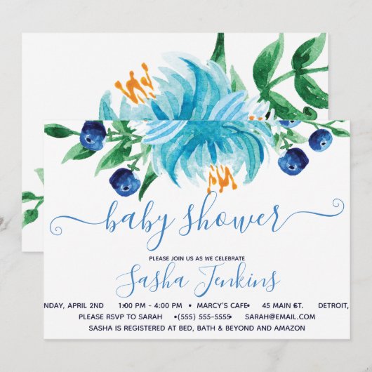 Blauwe Bloemen en Blauwe Bessen Baby Shower Kaart (Voorkant / Achterkant)