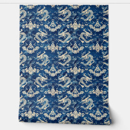 Blauwe bloemen en Chinese draken patroon Behang