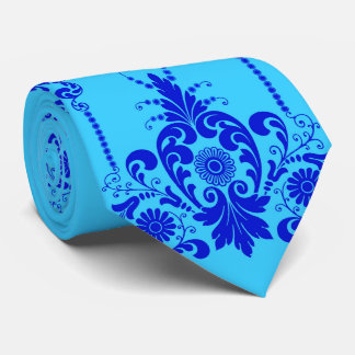 blauwe bloemen en culicues print stropdas
