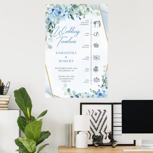 Blauwe bloemen en eucalyptus gouden bruiloft Tijdl Poster (Thuiskantoor)