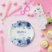 Blauwe Bloemen en Gouden Confetti Baby Shower Papieren Bordje (Feest)