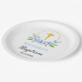 Blauwe bloemen en gouden kruis jongen bloemdoop papieren bordje (Gekanteld)