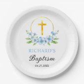 Blauwe bloemen en gouden kruis jongen bloemdoop papieren bordje (Voorkant)