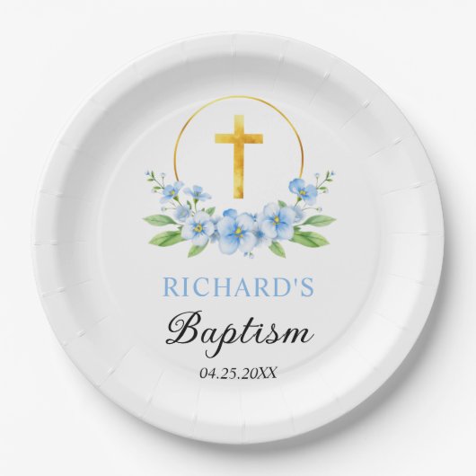 Blauwe bloemen en gouden kruis jongen bloemdoop papieren bordje (Voorkant)
