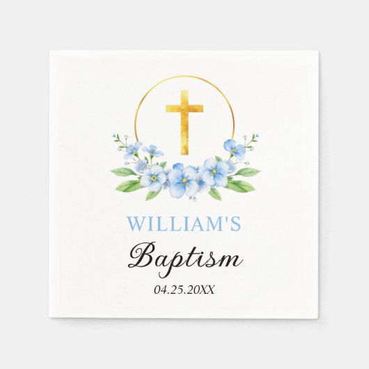 Blauwe bloemen en gouden kruis jongen bloemdoop servet (Voorkant)