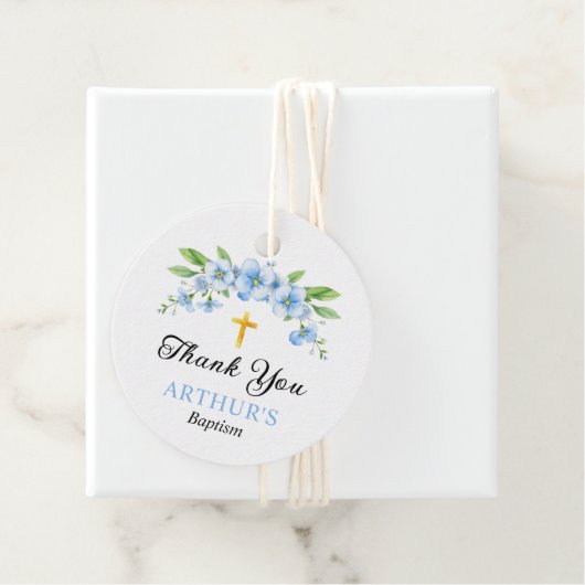Blauwe bloemen en gouden kruis jongen doop Dank u Bedankjes Labels (In situ)