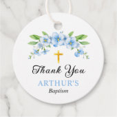 Blauwe bloemen en gouden kruis jongen doop Dank u Bedankjes Labels (Voorkant)