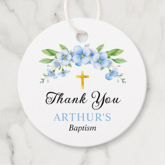 Blauwe bloemen en gouden kruis jongen doop Dank u Bedankjes Labels (Voorkant)