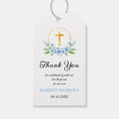 Blauwe bloemen en gouden kruis jongen doop Dank u Cadeaulabel (Voorkant)
