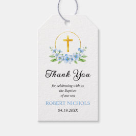 Blauwe bloemen en gouden kruis jongen doop Dank u Cadeaulabel