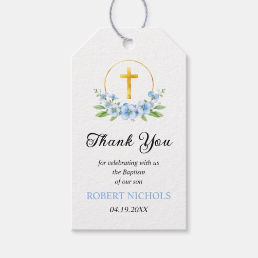 Blauwe bloemen en gouden kruis jongen doop Dank u Cadeaulabel (Voorkant)
