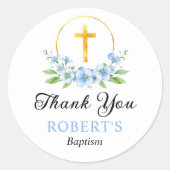 Blauwe bloemen en gouden kruis jongen doop Dank u Ronde Sticker (Voorkant)