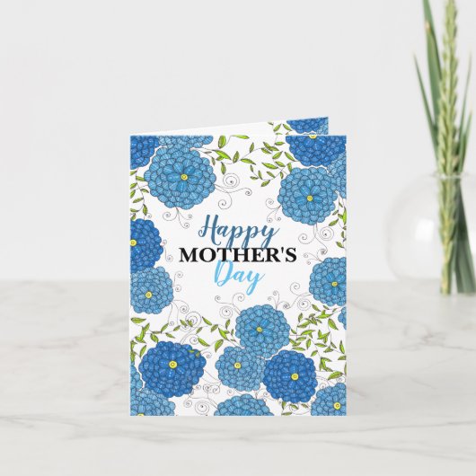  Blauwe Bloemen en Groene Bladeren Moederdag Kaart (Voorkant)