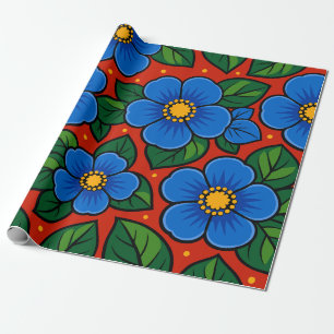Blauwe Bloemen en Groene Bladeren op een Rode Acht Cadeaupapier