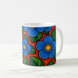 Blauwe Bloemen en Groene Bladeren op een Rode Acht Koffiemok