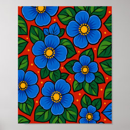 Blauwe Bloemen en Groene Bladeren op een Rode Acht Poster