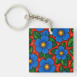 Blauwe Bloemen en Groene Bladeren op een Rode Acht Sleutelhanger