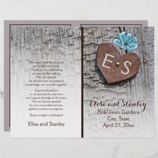 Blauwe bloemen en hart op het programma voor de br (Voorkant / Achterkant)