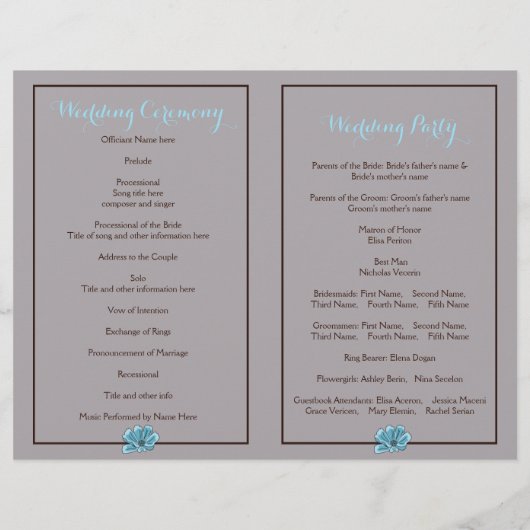 Blauwe bloemen en hart op het programma voor de br (Achterkant)