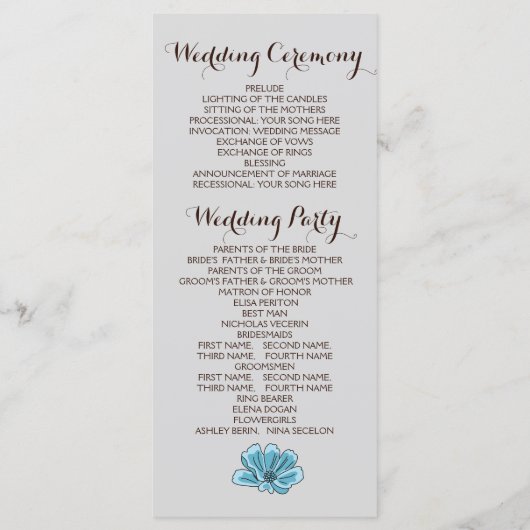 Blauwe bloemen en hart op het programma voor de br programmakaart (Achterkant)