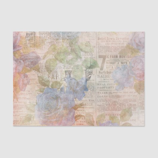 Blauwe bloemen en krantenpapier Ephemera Tissuepapier (Voorkant)