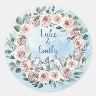Blauwe Bloemen en Kristallen Bruiloft Ronde Sticker