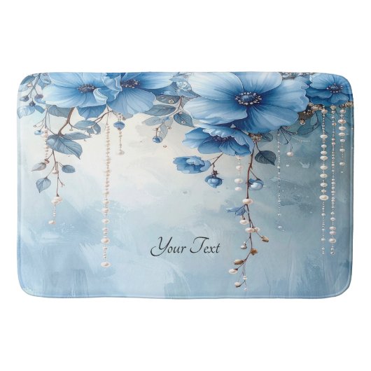 Blauwe Bloemen en Parels Badmat (Voorkant)