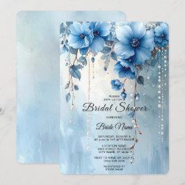 Blauwe Bloemen en Parels Bruidsdouche Kaart