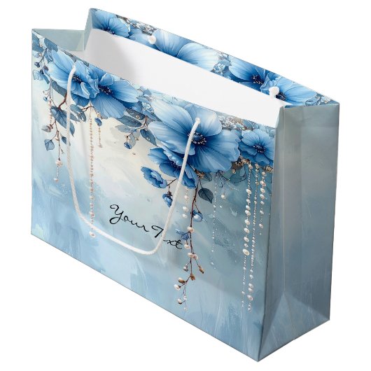 Blauwe Bloemen en Parels Cadeautas (Voorkant Gekanteld)