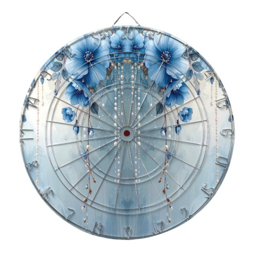 Blauwe Bloemen en Parels Dartbord (Voorkant)