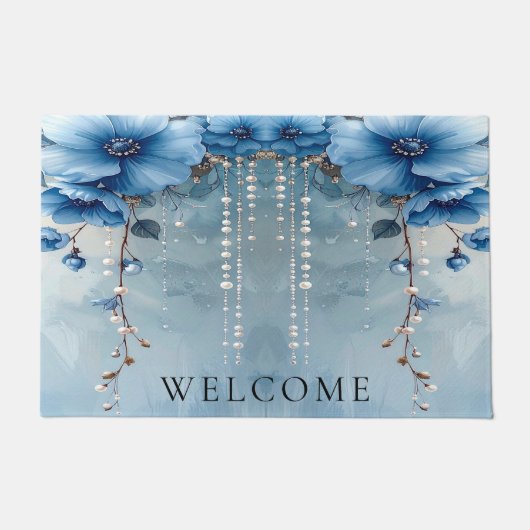 Blauwe Bloemen en Parels Deurmat (Voorkant)