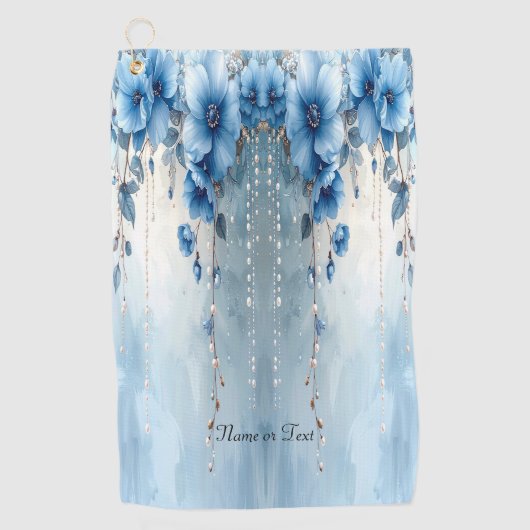 Blauwe Bloemen en Parels Golf Handdoek (Voorkant)