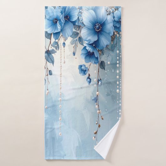 Blauwe Bloemen en Parels Handdoekenset Bad Handdoek (Badhanddoek)