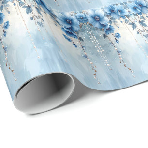 Blauwe Bloemen en Parels Inpakpapier