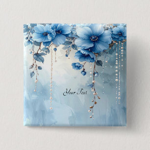 Blauwe Bloemen en Parels Knop Vierkante Button 5,1 Cm