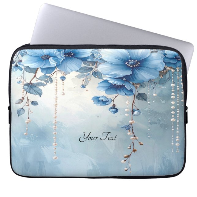 Blauwe Bloemen en Parels Laptop Hoes (Voorkant)