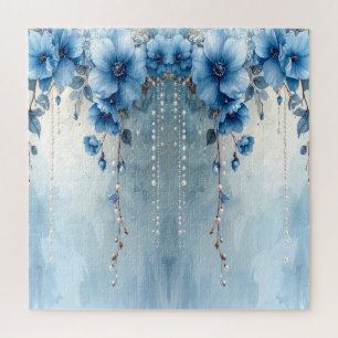 Blauwe Bloemen en Parels Legpuzzel