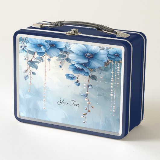 Blauwe Bloemen en Parels Lunchbox (Voorkant)