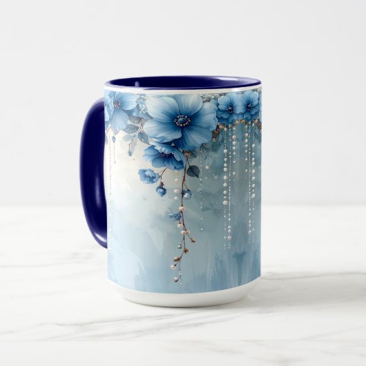 Blauwe Bloemen en Parels Mok (Voorkant links)