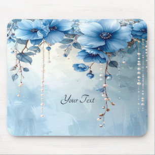 Blauwe Bloemen en Parels Muismat