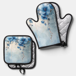 Blauwe Bloemen en Parels Ovenwant & Pannenlap Set