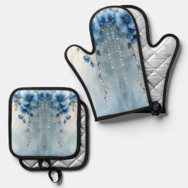 Blauwe Bloemen en Parels Ovenwant & Pannenlap Set