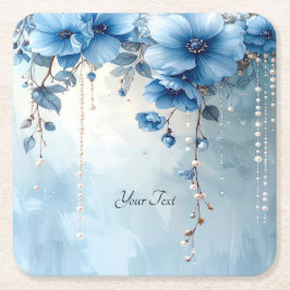 Blauwe Bloemen en Parels Papier Onderzetter