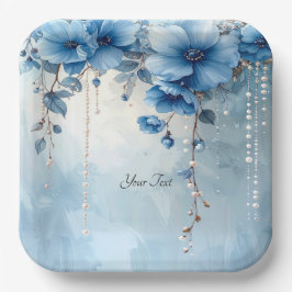 Blauwe Bloemen en Parels Papieren Bord